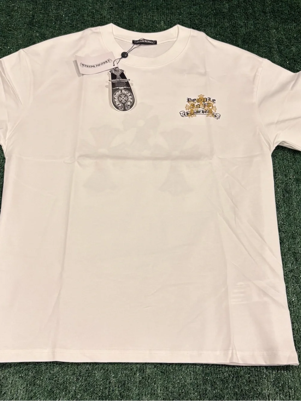 Chrome Hearts White T-Shirt with Black Gothic Print and Gold Cross Appliqués - Picture 2 of 3